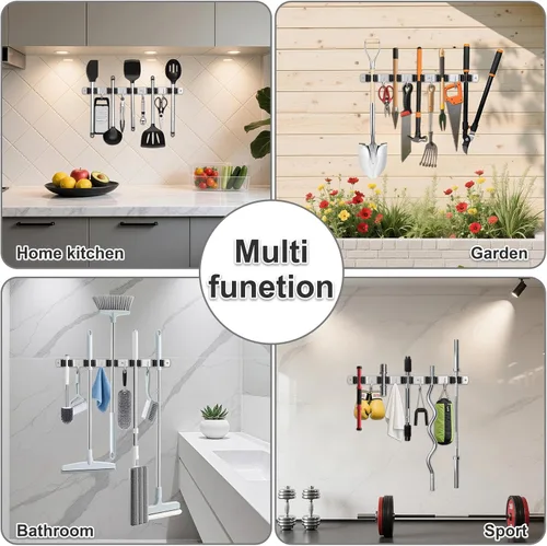 Miniatura 4 de Soporte de Pared para Escoba, Organizador de Escoba de Montaje en Pared de Acero Inoxidable y Colgador de Trapeador de Servicio Pesado, Organización