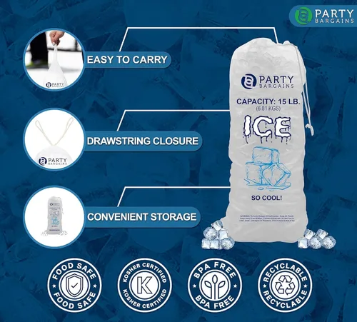 Miniatura 4 de Party Bargains Bolsas de hielo de plástico con cordón de 15 libras, 600 unidades, 24 x 14 pulgadas, bolsas de almacenamiento de hielo duraderas