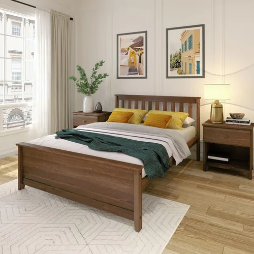 Miniatura 29 de Plank+Beam Estructura de cama individual de madera maciza, cama plataforma con cabecero, color nogal
