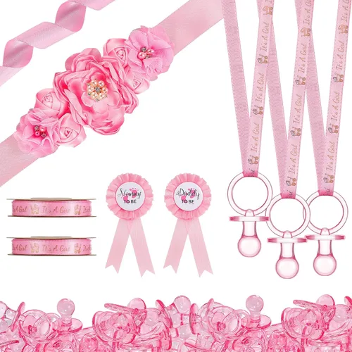 Juego de 53 chupetes para baby shower, incluye banda de maternidad, chupete acrílico rosa para bebé, chupete con cinta "It's a Girl", collares de