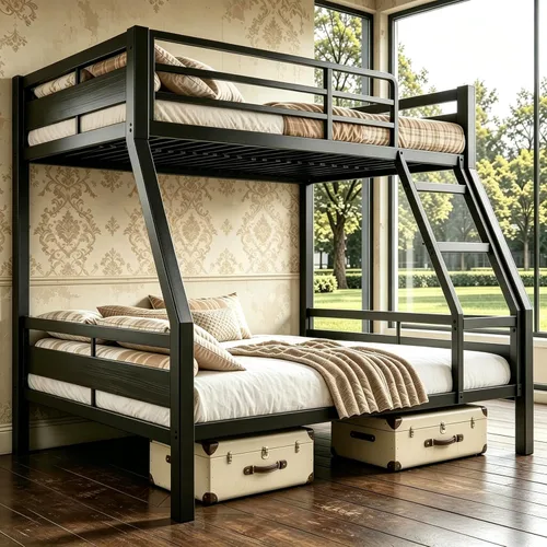 Miniatura 10 de Litera de camas individuales con superposición, literas de metal resistentes con barandilla de longitud completa, cama de acero que ahorra espacio
