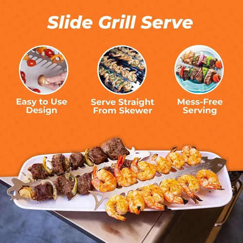 Miniatura 4 de Proud Grill Slide & Serve BBQ - Juego de 2 brochetas reutilizables de acero inoxidable Ideal para asar shish Kabobs Uso para carne de res