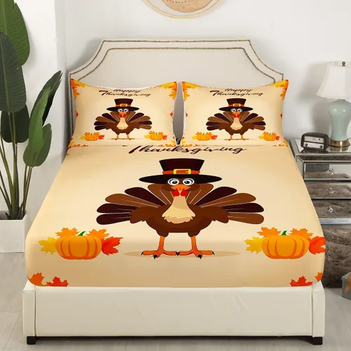 Miniatura 3 de Erosebridal Lindo juego de sábanas de pavo tamaño individual para niños y niñas, juego de sábanas de cosecha de Acción de Gracias, decoración