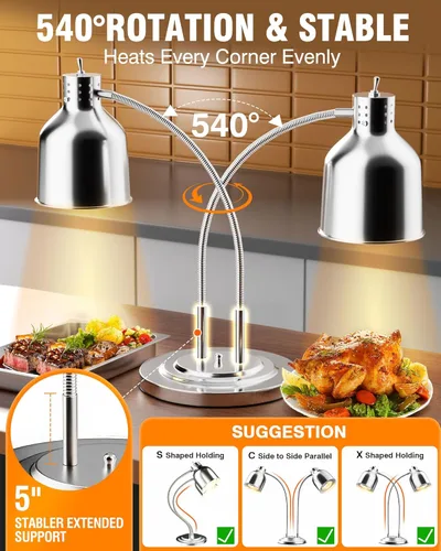 Miniatura 3 de PYY Lámpara de calor de alimentos – Lámpara de calor comercial de doble cabezal para alimentos con bombillas ETL, luz de calentamiento de alimentos