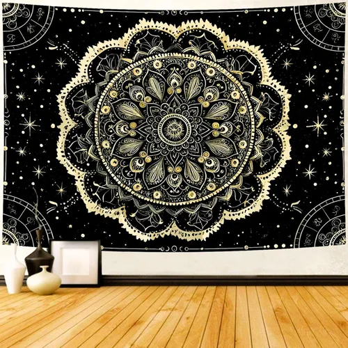 Delur Tapiz de mandala negro y dorado, astrología, espacio, hippie bohemio, medallón floral, tapiz para colgar en la pared, estético, cabecero