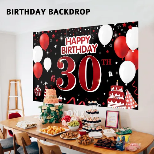 Miniatura 3 de Cartel de feliz cumpleaños 30 para patio, pancarta de feliz cumpleaños 30 en negro y rojo, decoración para mujeres y hombres, fondo grande de 30