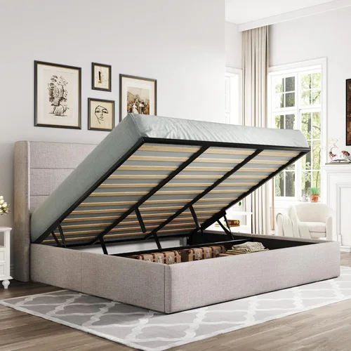 Miniatura 22 de Allewie Cama de Almacenamiento Elevable Tamaño Completo, Cabecero Capitonado con Botones con Respaldo de Ala, Soporte Hidráulico, No Necesita Gris