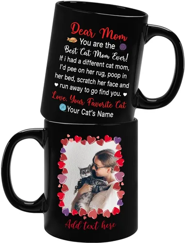 Miniatura 18 de Taza de cerámica negra personalizada para elegir nombre y foto con texto en inglés "Best Cat Dad Ever Just Ask", taza de café personalizada de 11
