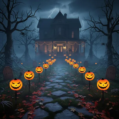 Miniatura 7 de Luces de Halloween para caminos al aire libre, 7 pies, luces de estaca de calabaza de Halloween con 4 bombillas LED C7 transparentes