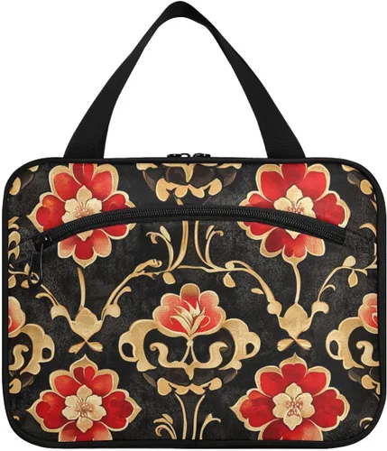 Estilo chino elegante flores rojo colgando artículos de tocador con gancho, elementos esenciales de diseño para damas bolso viajero para mujer L