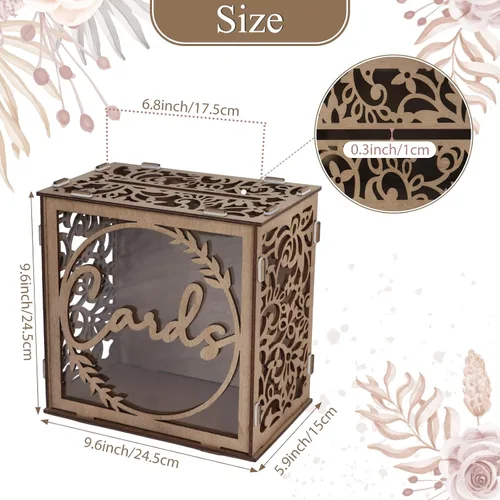 Miniatura 2 de OurWarm Caja de Tarjetas de Boda para Recepción, Cajas de Tarjetas de Boda de Madera con Ventana, Caja de Tarjetas de Regalo de Dinero con Sobre