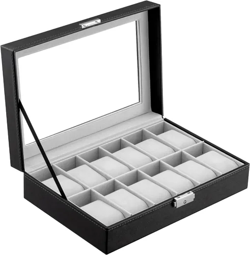 Oyydecor Caja de reloj de piel sintética, organizador de almacenamiento de madera para almacenamiento y exhibición, regalos de hombres y mujeres (12