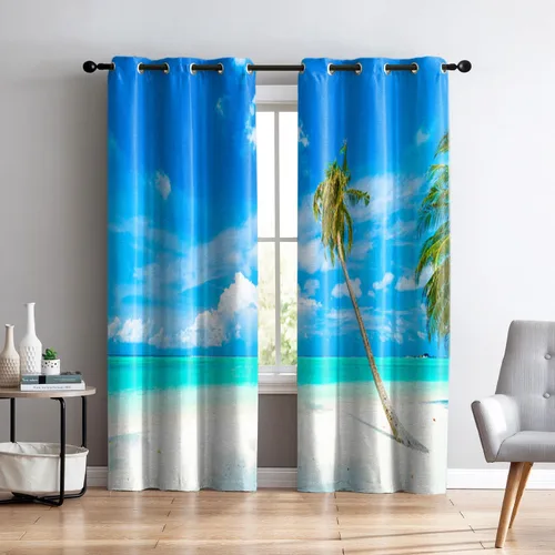 Miniatura 28 de Renaiss Cortinas opacas con diseño de mar tropical, nublado, cielo azul y verde azulado, estrella de mar transparente en playa arenosa, sala