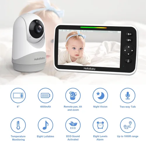 Miniatura 2 de HelloBaby Pantalla grande IPS de 6 pulgadas, monitor de video para bebés con batería mejorada de 4000 mAh, conversación de 2 vías