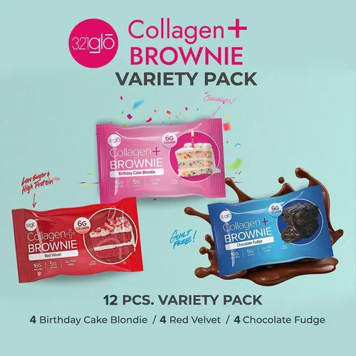 Miniatura 2 de 321glo Brownie de proteína de colágeno, sin gluten, bajo en azúcar, snack keto para mujeres, hombres y niños, 0.64 onzas de proteína, 0.26 onzas
