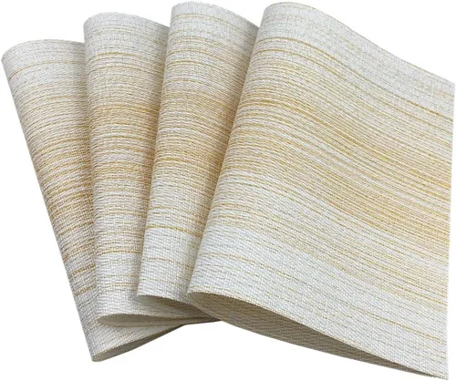 Miniatura 2 de Mantel individual de vinilo tejido duradero, lavable, resistente al calor, antideslizante, para cocina, comedor (juego de 4, amarillo con blanco)