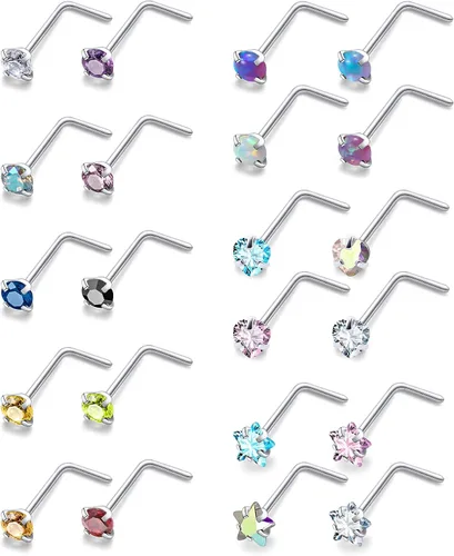 Miniatura 7 de Piercing para la nariz de 20/0.63 oz, rectos, L/sacacorchos, para la nariz, joyería para mujer, acero inoxidable quirúrgico hipoalergénico