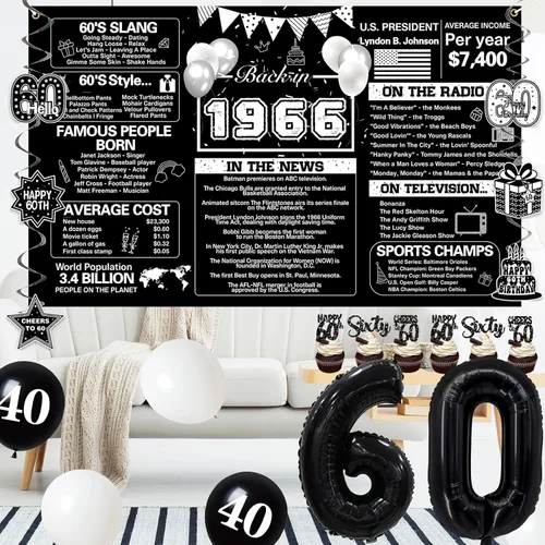 Miniatura 6 de Crenics Decoraciones de 60 cumpleaños en negro para hombres y mujeres - Telón de fondo de 1966, pancarta, pompones de papel, espirales colgantes