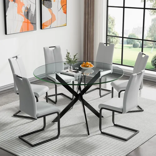 Miniatura 33 de Juego de mesa de comedor redonda de 3 piezas para 2, mesa de cocina moderna de vidrio plateado y sillas para 2 con sillas tapizadas, juego de mesa