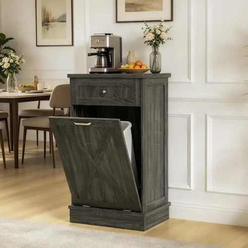 Miniatura 12 de Betterhood - Gabinete de basura basculante de 10 galones, de madera, independiente, clasificador de ropa, con cajón oculto, gabinete de basura Negro