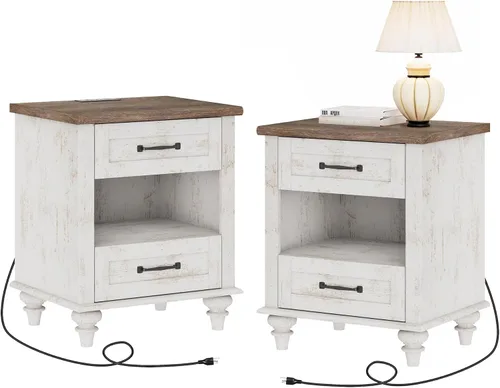 Miniatura 14 de WAMPAT Mesita de noche con estación de carga y 2 cajones, mesa auxiliar de granja para sala de estar, mesita de noche retro de madera clara