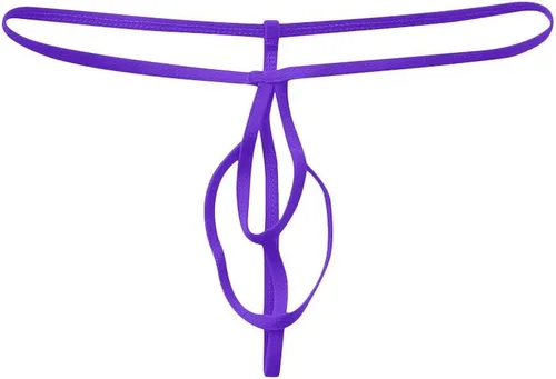 Lencería transparente tipo babydoll de encaje, ropa interior abultada, bikini elástico, para hombre, con bolsa, tanga sexy, color morado, talla única