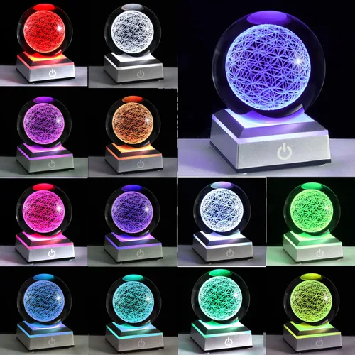 Miniatura 2 de Qianwei Esfera de Cristal Flor de la Vida con Base Táctil de Iluminación LED Colorida, Bola de Cristal de Geometría Sagrada Starlight Magic