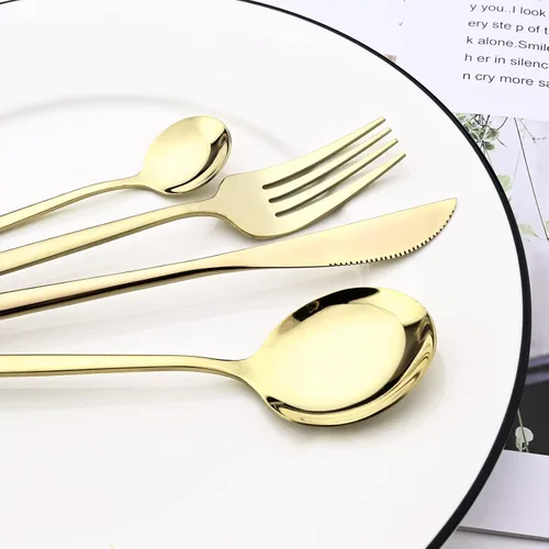 Miniatura 6 de Juego de cubiertos de acero inoxidable 18/0 con espejo, 24 piezas, incluye cuchillo, tenedor, cuchara, cucharadita, cubiertos para el hogar, Dorado