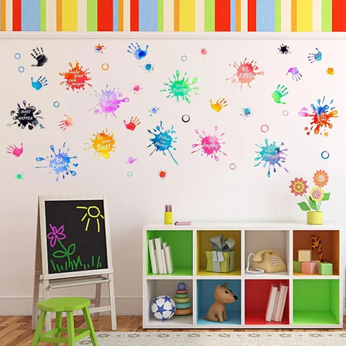 PLIGREAT 3 hojas coloridas de huellas de manos salpicadas de pintura, citas inspiradoras, calcomanías de pared extraíbles de vinilo para despegar y