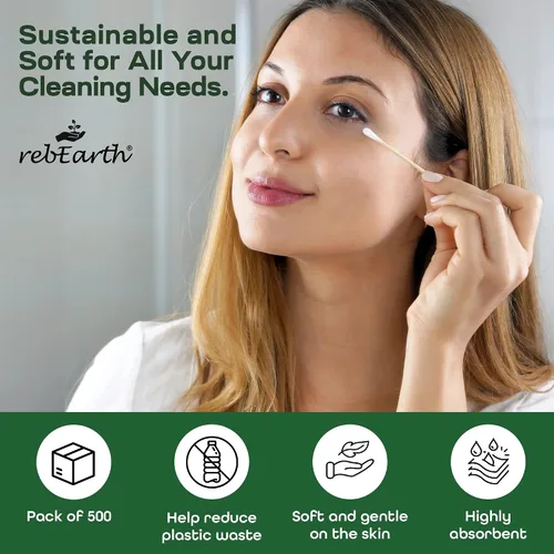 Miniatura 4 de rebEarth Bamboo Cotton Swabs 500 Count — Organic Bamboo Q-Tips for Ear Cleaning, Makeup and Personal Care — Wooden Q Tips, Biodegradable Plant-Based