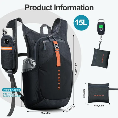 Miniatura 5 de FIORETTO Mochila de senderismo de 15L para mujeres y hombres, mochila mini plegable, mochila ligera pequeña para acampar, viajar, actividades al