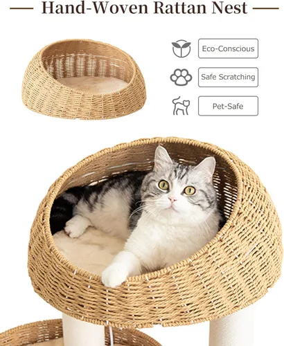 Miniatura 6 de Wood Cat Tree for Large Cats, 50'' Modern Indoor Cat Tower with Basket Beds, Cat Condo & Clear Hammock, Multi-Level Wooden Cat Furniture for Home