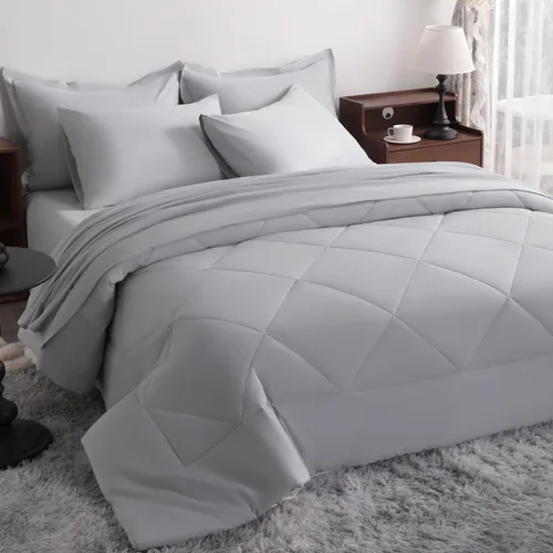 Miniatura 26 de NTBAY Juego de edredón Twin con sábanas, juego de ropa de cama Twin suave y transpirable de 5 piezas, cama Twin en una bolsa, juego de edredón Gris