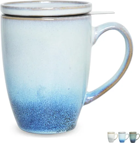 Miniatura 9 de Bosmarlin Taza de té de cerámica mate con infusor y tapa, 13.5 onzas, taza de té suelta, apta para lavavajillas y microondas (azul oscuro)