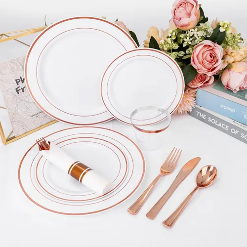 Miniatura 5 de WELLIFE 350 platos de plástico de oro rosa para 50 invitados, juego de vajilla de plástico, suministros para fiestas incluye 100 platos de oro rosa