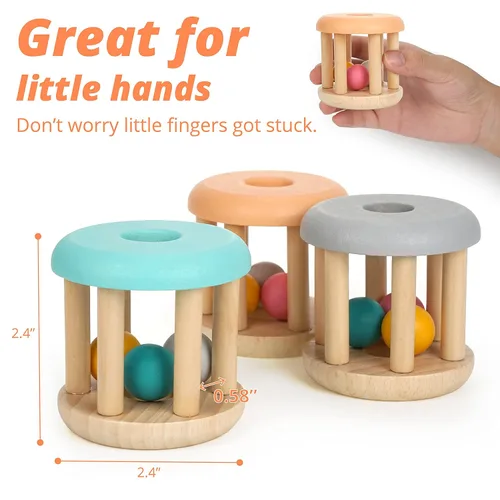 Miniatura 4 de DUCKBOXX XX Montessori Juguetes educativos para bebés, juguete de sonajero rodante de madera natural, juguete de aprendizaje temprano