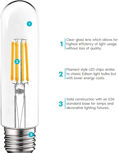 Miniatura 4 de LUXRITE Bombilla LED T10, equivalente a 5 W = 60 W, blanco cálido de 2700 K, bombilla de filamento Edison vintage, 500 lúmenes, bombilla tubular