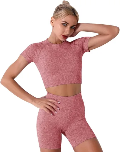 Miniatura 2 de Conjunto de yoga para mujer sin costuras pantalones cortos de ejercicio de cintura alta con brasier deportivo 3 piezas conjunto deportivo