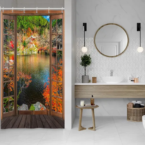 Miniatura 58 de Cortina de ducha de fantasma y gato negro para niños, 36 x 72 pulgadas, espeluznante y bonita, cortina de baño de Halloween con 6 ganchos, cortina