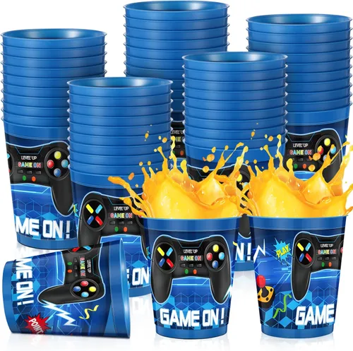 Tanlade Juego de 50 tazas temáticas de videojuegos de 16 onzas, vasos de plástico reutilizables para fiestas de video populares, decoraciones de Azul