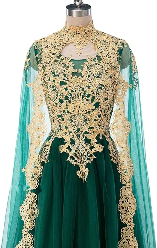 Miniatura 5 de Kivary Vestidos de noche largos de encaje dorado vintage con capa, Oro