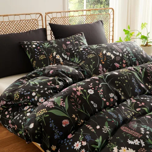 Miniatura 3 de Nayoroom Funda de edredón floral negra, tamaño Queen, funda de edredón de flores botánicas de primavera, 3 piezas, suave, ligera, juego de ropa