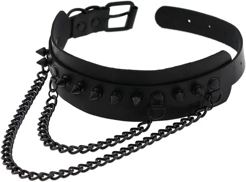Miniatura 4 de FM FM42 Gargantilla unisex multicolor de piel sintética con remaches en tono negro con picos de 2 capas