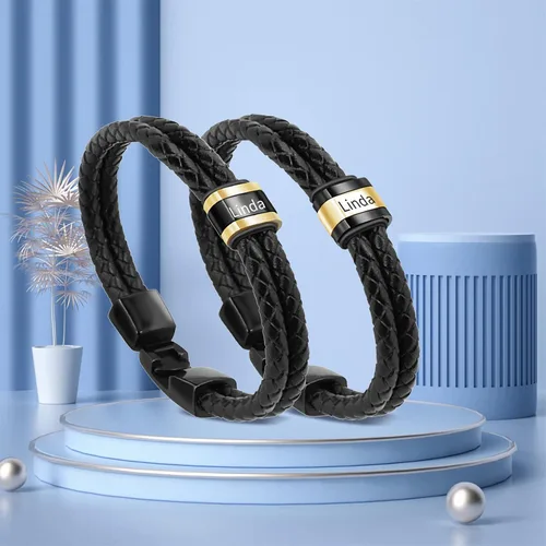 Miniatura 46 de Pulseras de cuero personalizadas para hombre con 1-6 nombres, pulsera trenzada personalizada con cuentas para papá, marido, día del padre, San