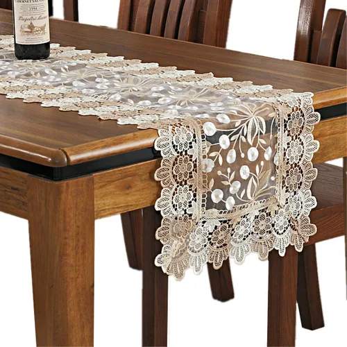 Camino de mesa con bordado floral de encaje, bufanda rectangular transparente de poliéster para decoración de mesa del hogar, comedor, 16 x 35 Beige