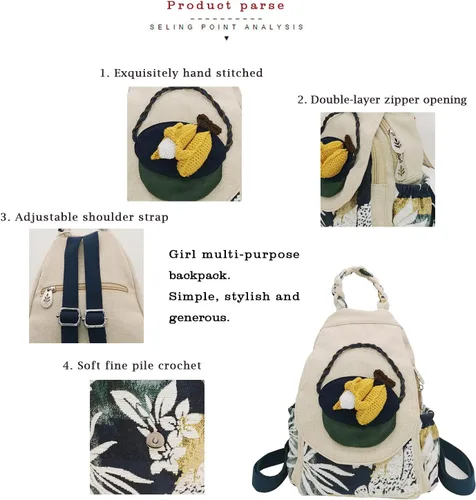 Miniatura 9 de HUANGGUOSHU Mochila de algodón tejida de algodón bohemio con bordado de lona estilo bohemio con múltiples bolsillos retro linda mochila cartera
