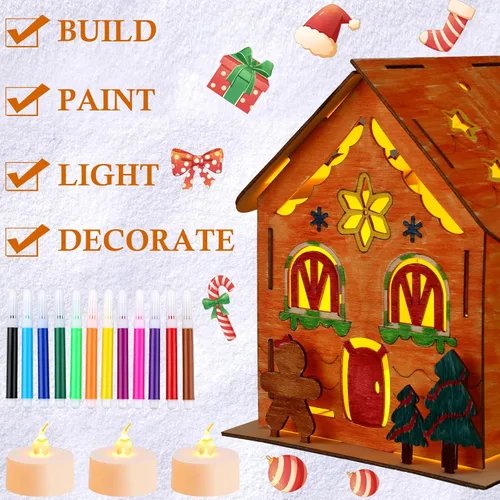 Miniatura 3 de Spiareal 24 juegos de kit de bricolaje para casa de pan de jengibre de Navidad de madera con velas sin llama LED, lápices acuarela, casas de madera