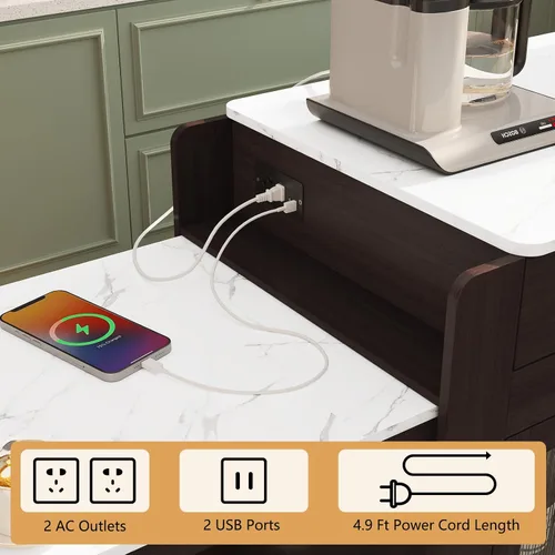 Miniatura 4 de HLR Isla de Cocina con Mesa de Comedor Extensible, Isla de Cocina con Encimera de Grano de Mármol y Enchufe Eléctrico, Carrito de Almacenamiento