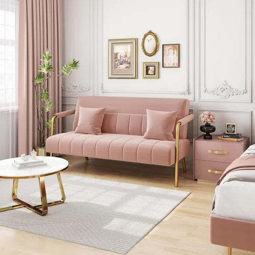 Miniatura 7 de Yaheetech Sofá moderno de 56.5 pulgadas de ancho, sofá pequeño de tela de terciopelo de lujo con brazos y patas de metal dorado para sala de estar