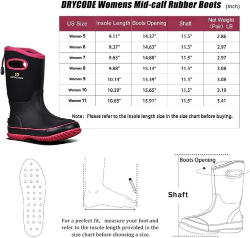 Miniatura 4 de D DRYCODE Rubber Boots for Women, Rain Boots with Warm Neoprene, Waterproof Mid Calf Mud Insulated Work Boots for Womens Gardening, Farming